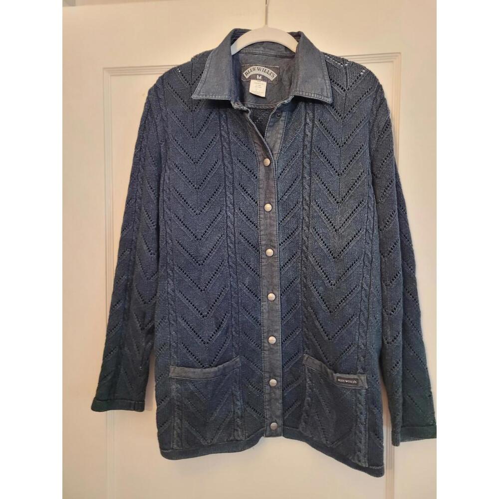 Blue Willi's Sweater Womens L Denim Cardigan Snap Up Cable Knit Denim Collar